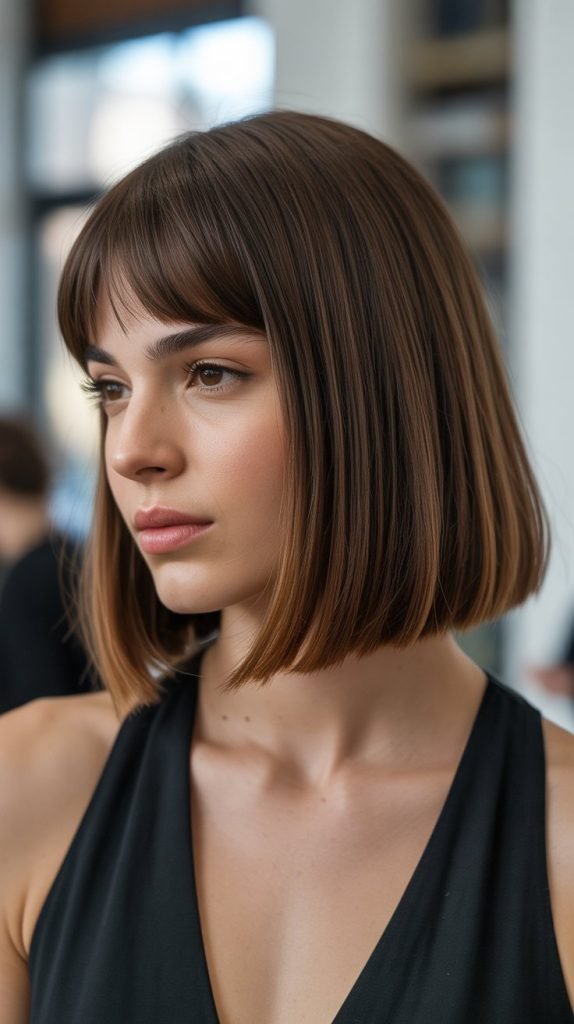  Classic Straight Long Bob with Soft Curtain Bangs