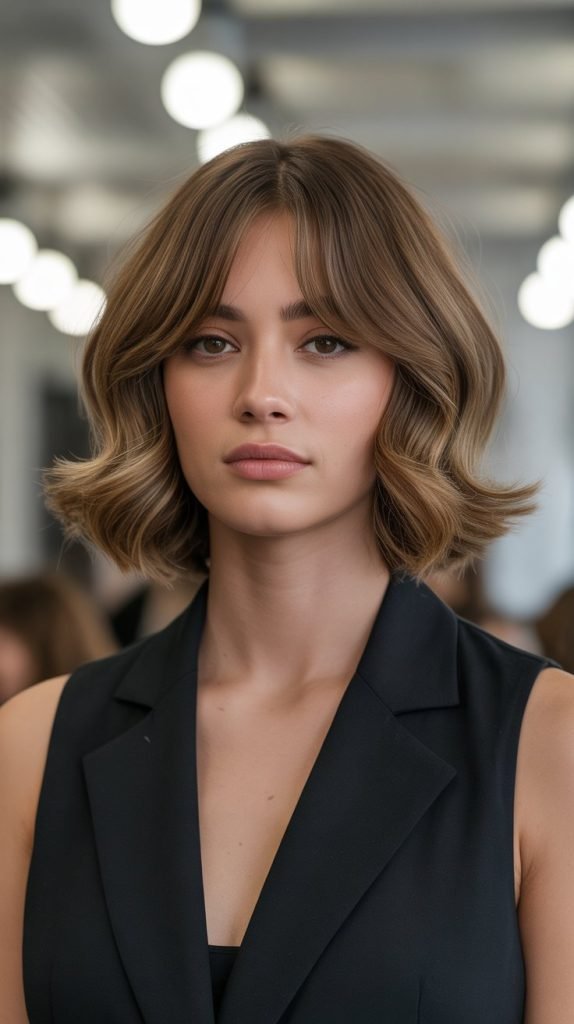 1. Classic Shoulder-Length Bob with Center-Parted Curtain Bangs