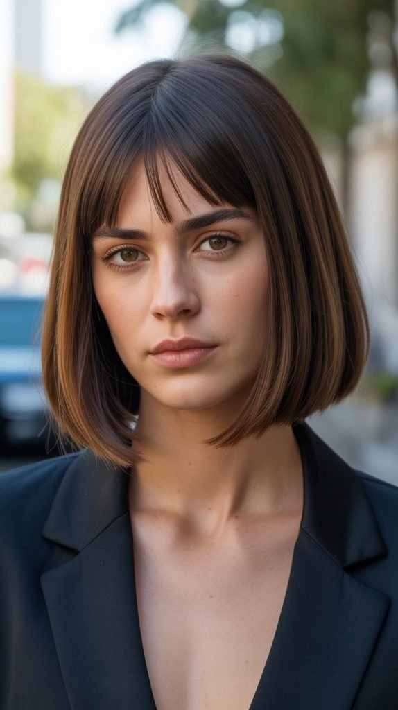  Classic Straight Long Bob with Center-Parted Curtain Bangs