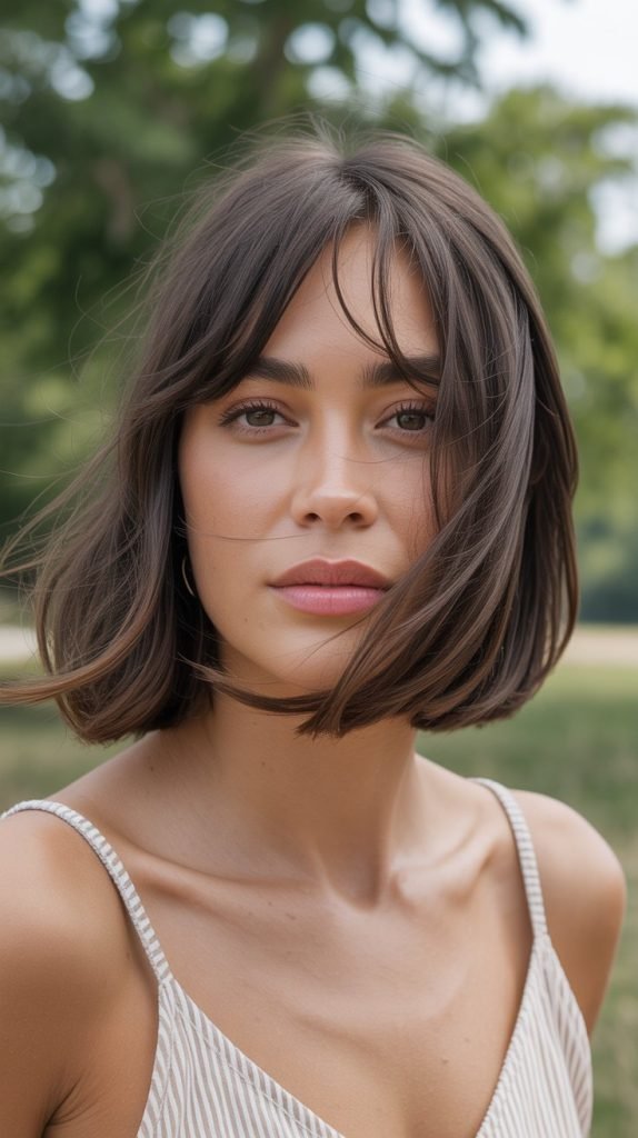 Classic Textured Long Bob with Soft Curtain Bangs