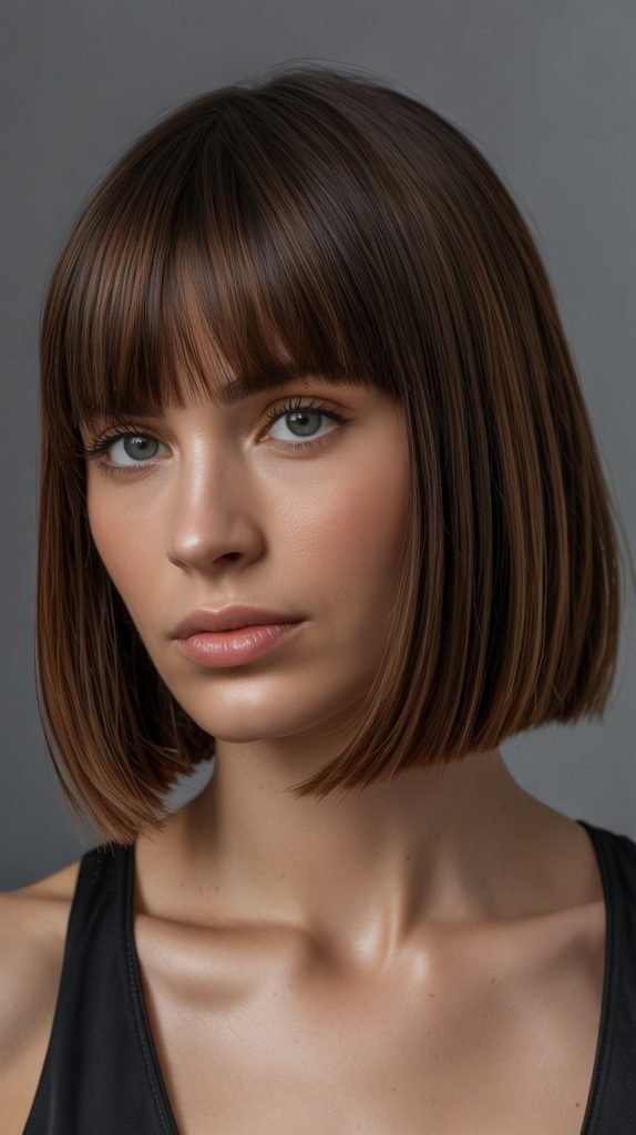 1. Classic Blunt Long Bob with Straight Across Bangs