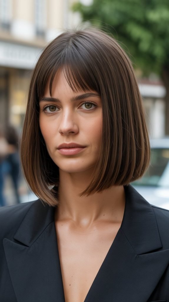 1. Classic Straight Long Bob with Center-Parted Curtain Bangs