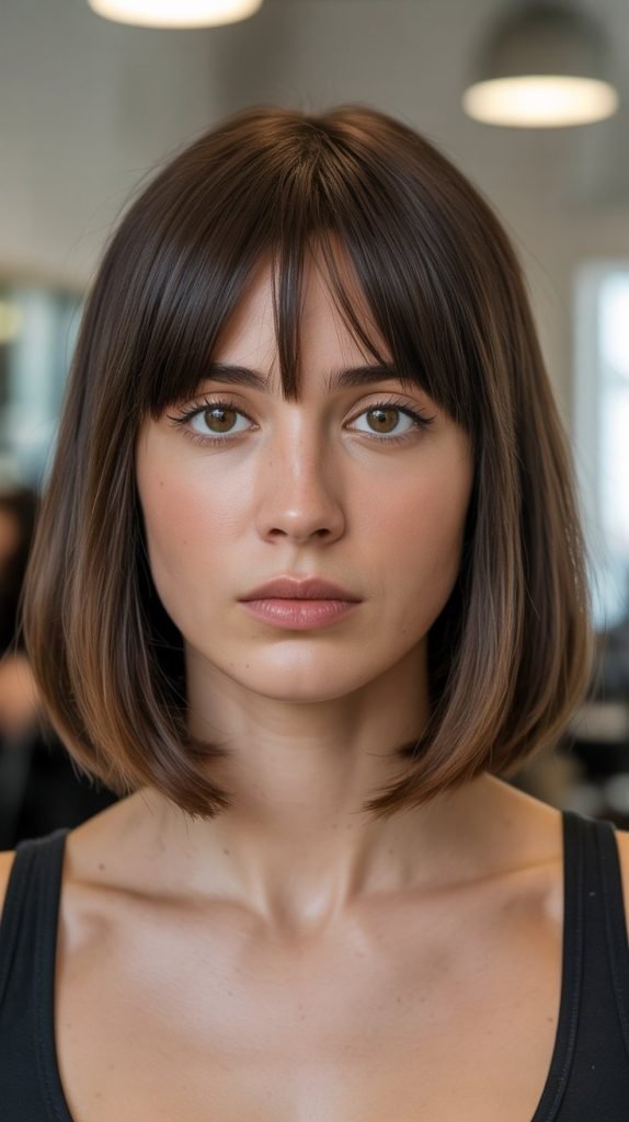 Classic Blunt Long Bob with Wispy Curtain Bangs