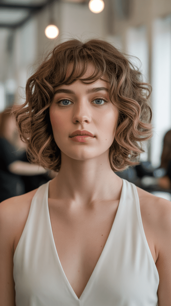 Classic Curly Bob with Side-Swept Bangs