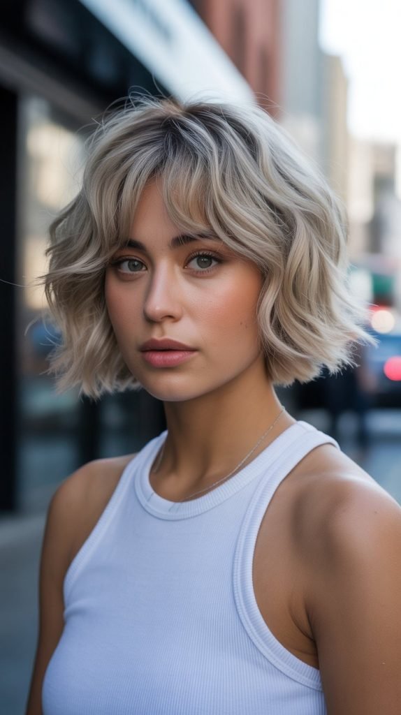 7. Collarbone-Length Bob with Choppy Curtain Bangs