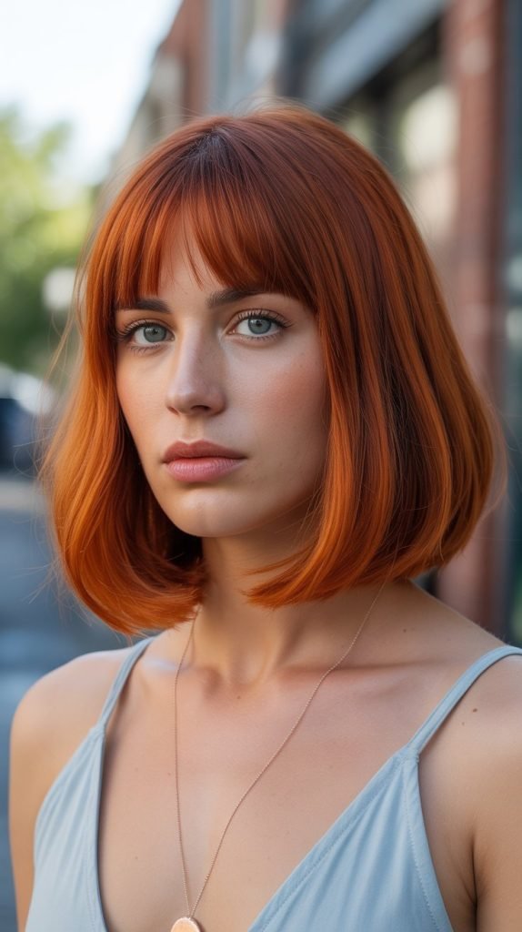 Copper Long Bob with Curtain Bangs