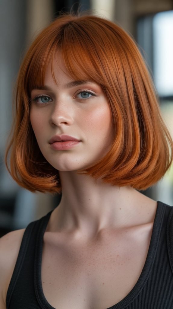 Copper Red Lob with Curtain Bangs