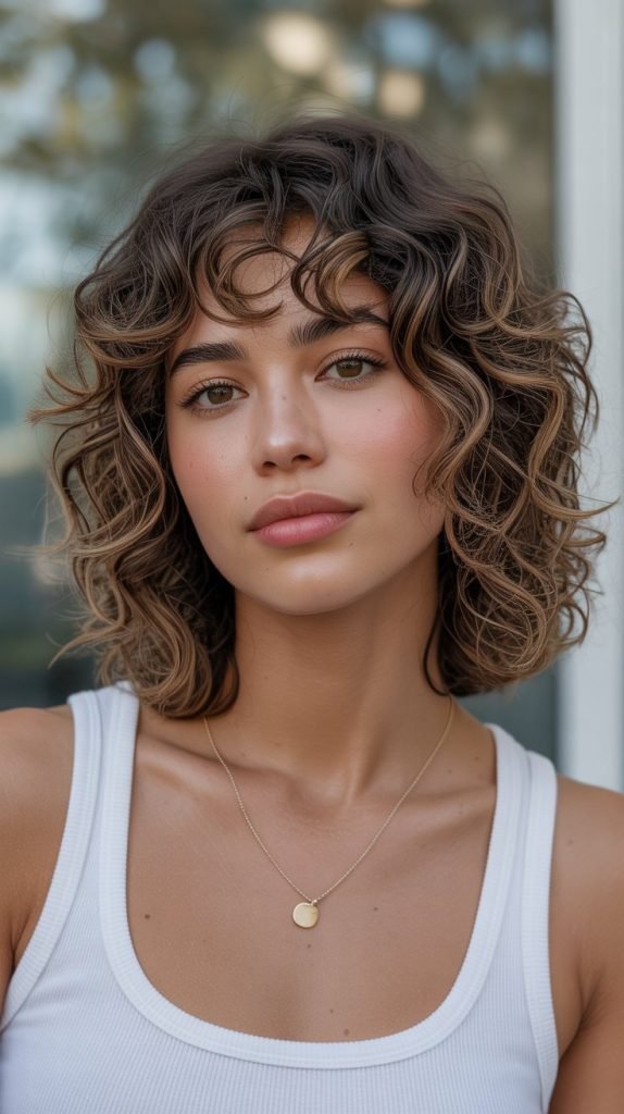 Curly Long Bob with Curtain Bangs