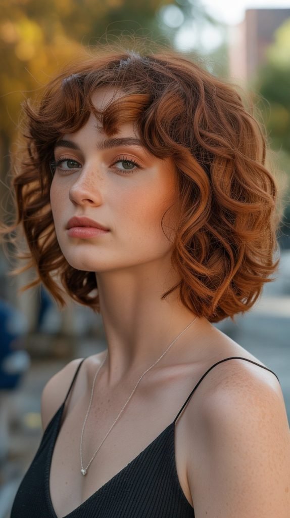11. Auburn Curly Bob with Feathered Curtain Bangs