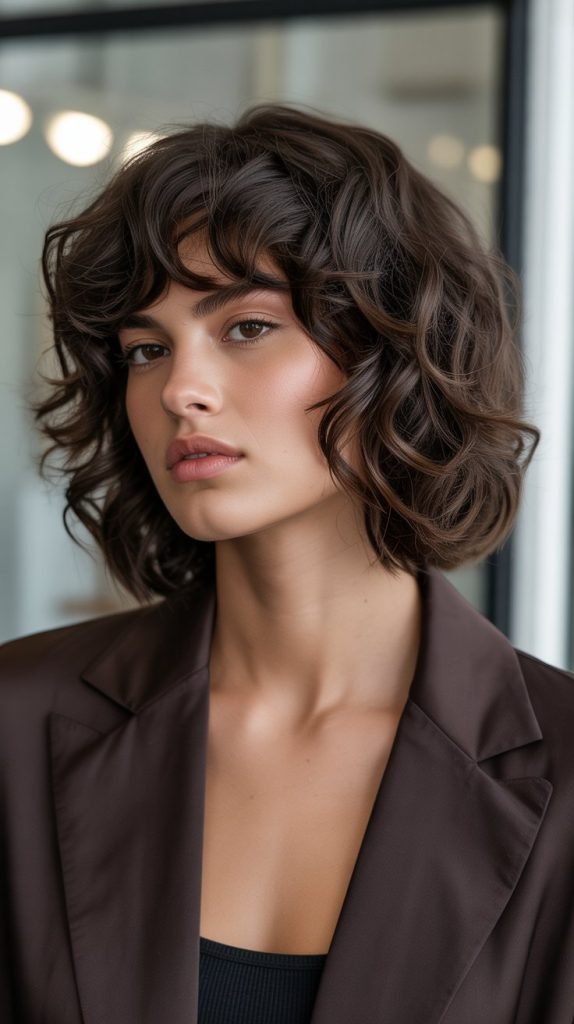21. Espresso Brown Curly Bob with Curtain Bangs