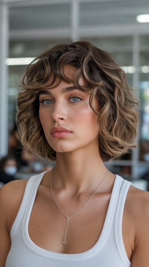 25. Curly Bob with Piecey Curtain Bangs