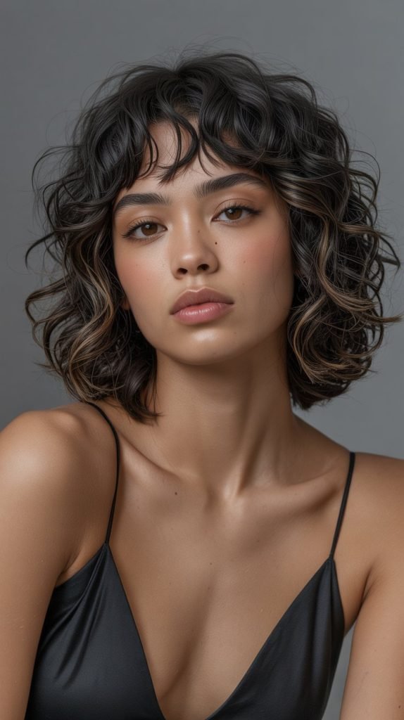 16. Curly Bob with Micro Curtain Bangs