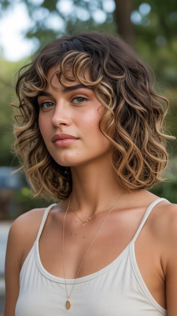 19. Curly Bob with Curtain Bangs and Highlights