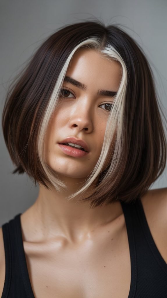 23. Platinum Face-Framing on Dark Brunette Bob
