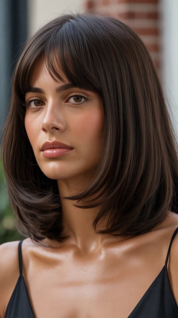 15. Dark Brunette Long Bob with Curtain Bangs
