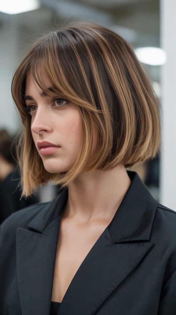 12. Graduated Long Bob with Blended Curtain Bangs