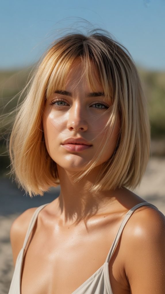 Honey Blonde Long Bob with Curtain Bangs