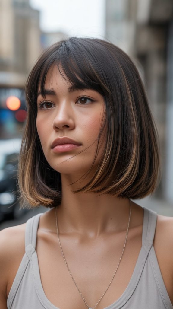 3. Layered Long Bob with Textured Curtain Bangs
