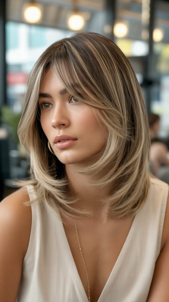 3. Layered Long Bob with Feathered Curtain Bangs