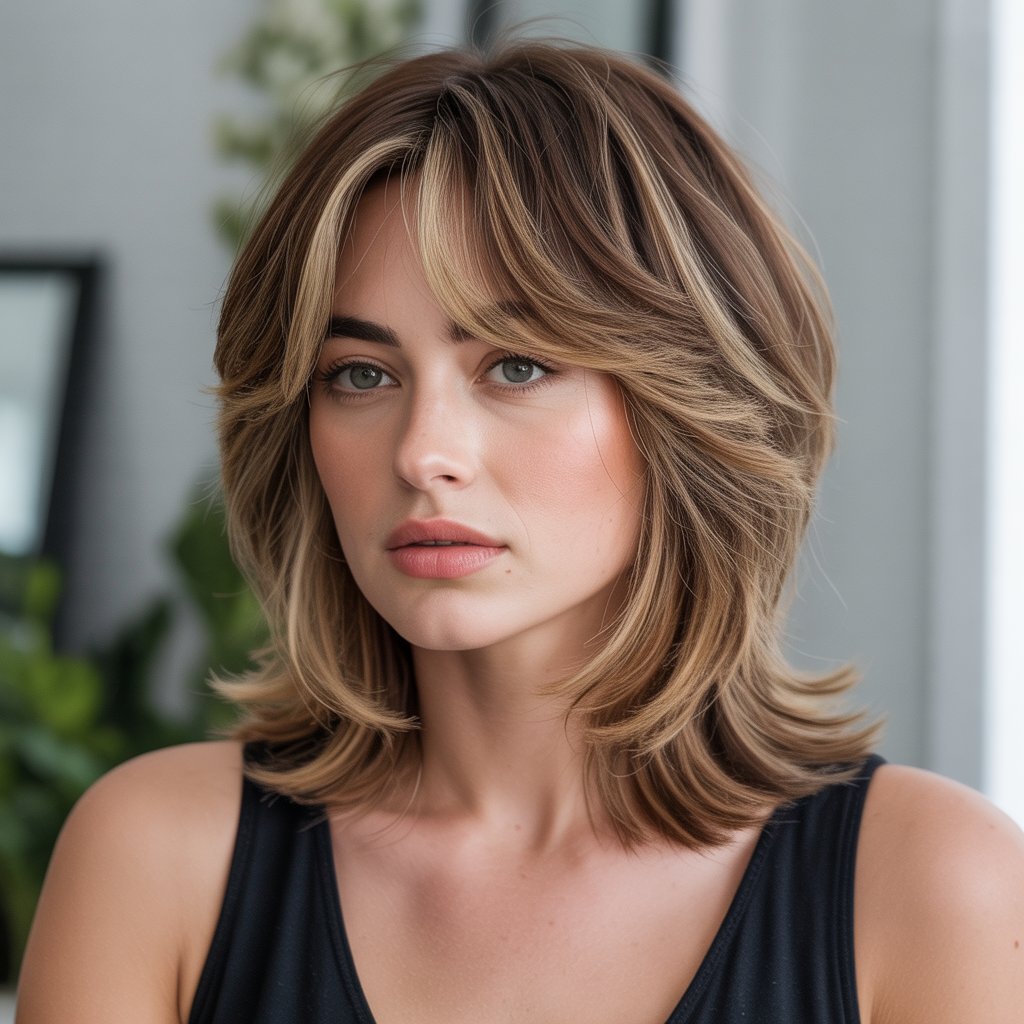 3. Layered Long Bob with Face-Framing Curtain Bangs