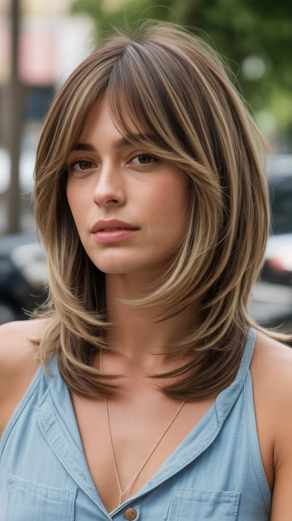 Layered Long Bob with Wispy Curtain Bangs