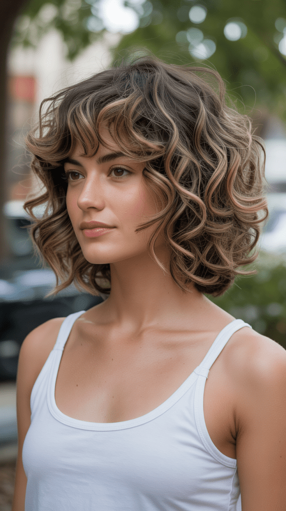 Layered Curly Long Bob with Wispy Bangs