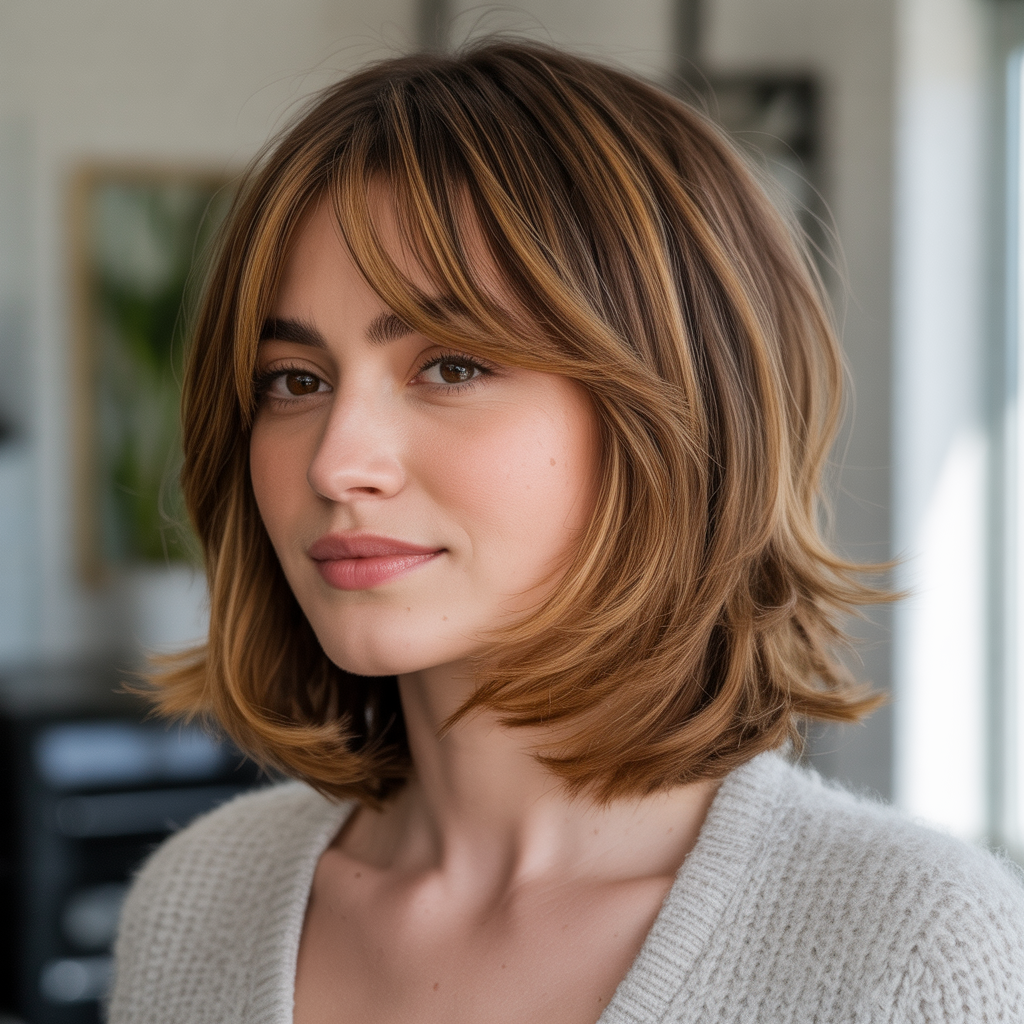 Layered Lob with Curtain Bangs and Soft Side Sweep