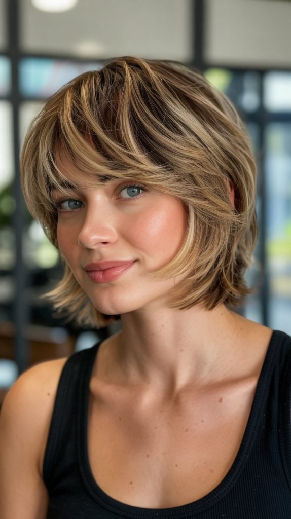 6. Layered French Bob with Feathered Bangs
