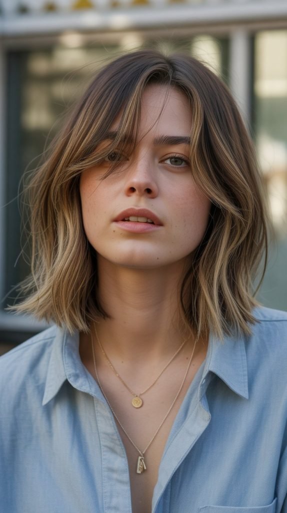 . Lived-In Long Bob with Undone Curtain Bangs