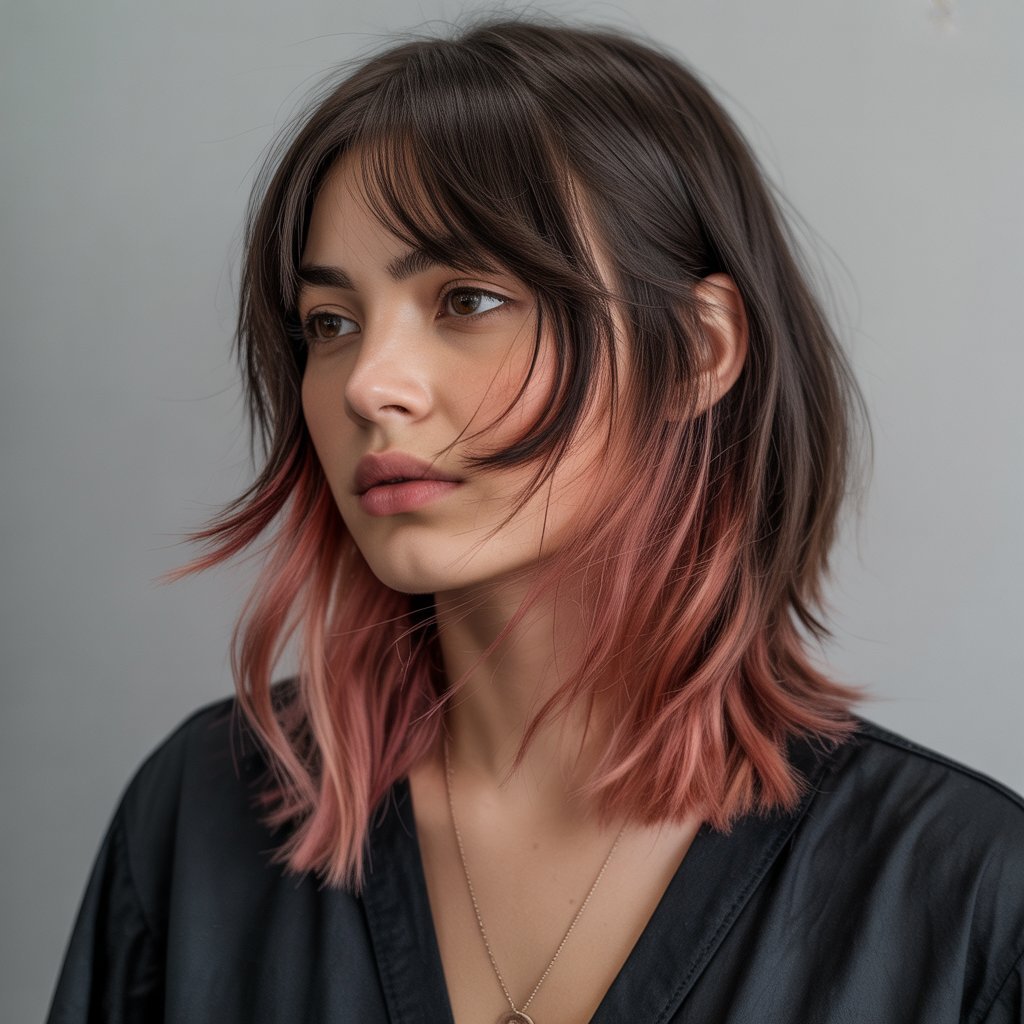 19. Long Bob with Curtain Bangs and Underlights