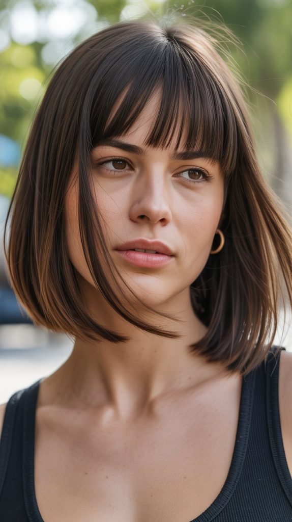 6. Long Bob with Curtain Bangs and Face-Framing Layers