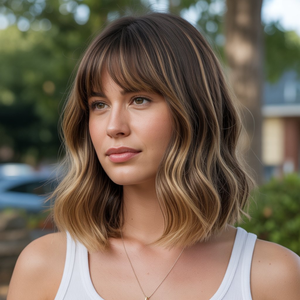 7. Long Bob with Curtain Bangs and Balayage