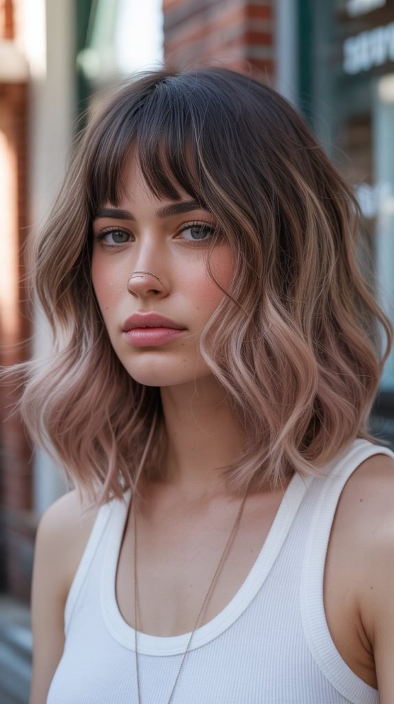 20. Long Bob with Curtain Bangs and Loose Waves