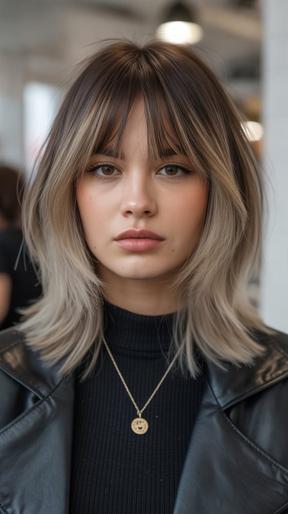 19. Long Bob with Curtain Bangs and Root Shadow