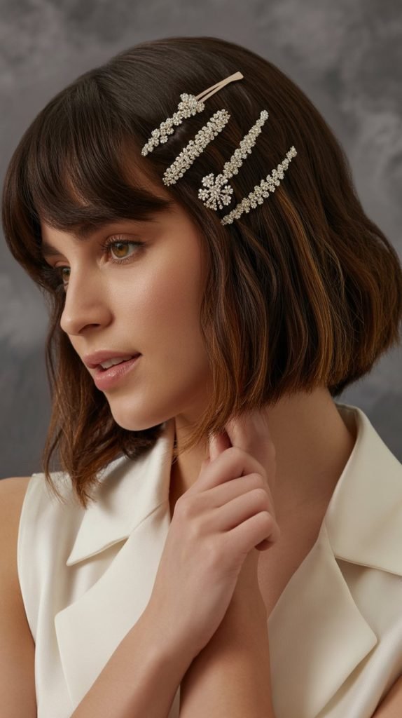 25. Long Bob with Curtain Bangs and Accessories