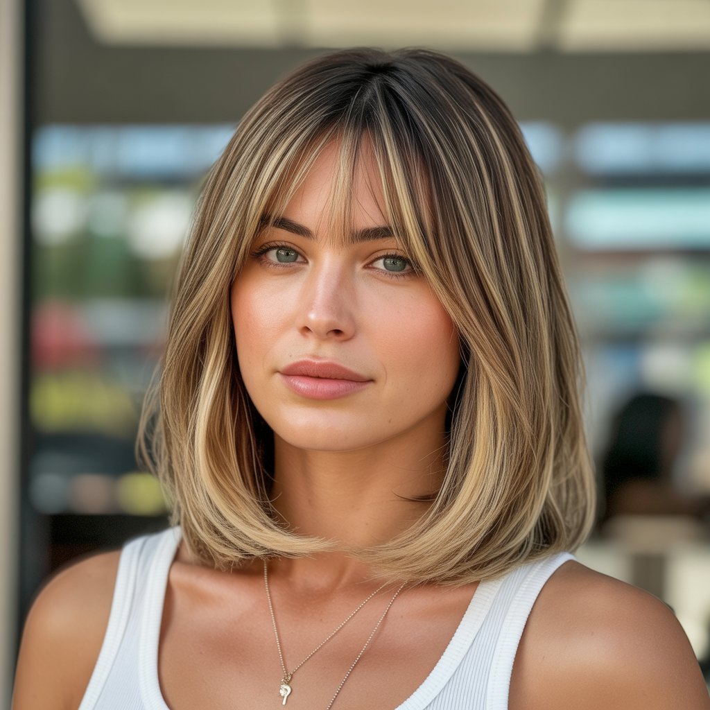 32. Long Bob with Curtain Bangs and Lived-In Color