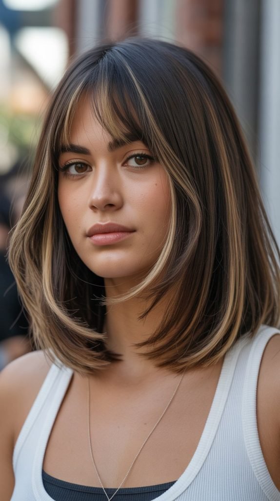 16. Long Bob with Curtain Bangs and Lowlights