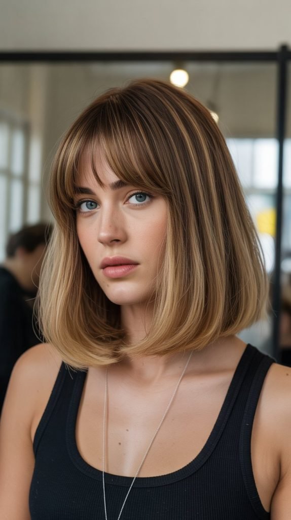 29. Sleek Long Bob with Curtain Bangs and Side-Swept Styling