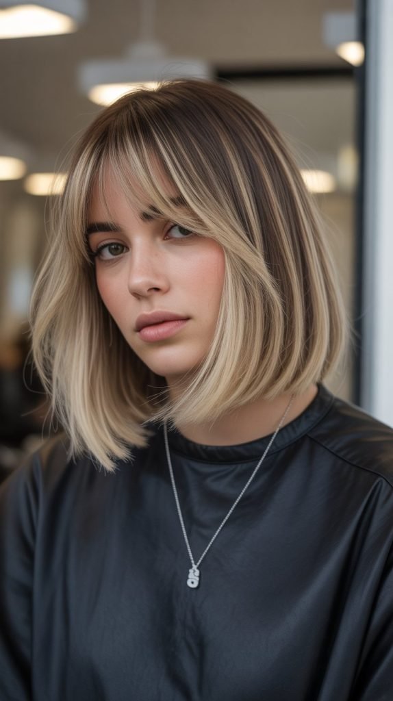 21. Long Bob with Curtain Bangs and Ombré