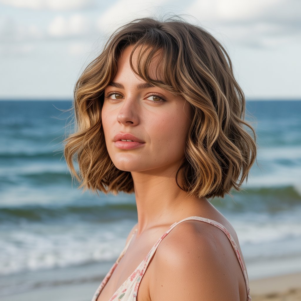 27. Long Bob with Curtain Bangs and Beach Waves