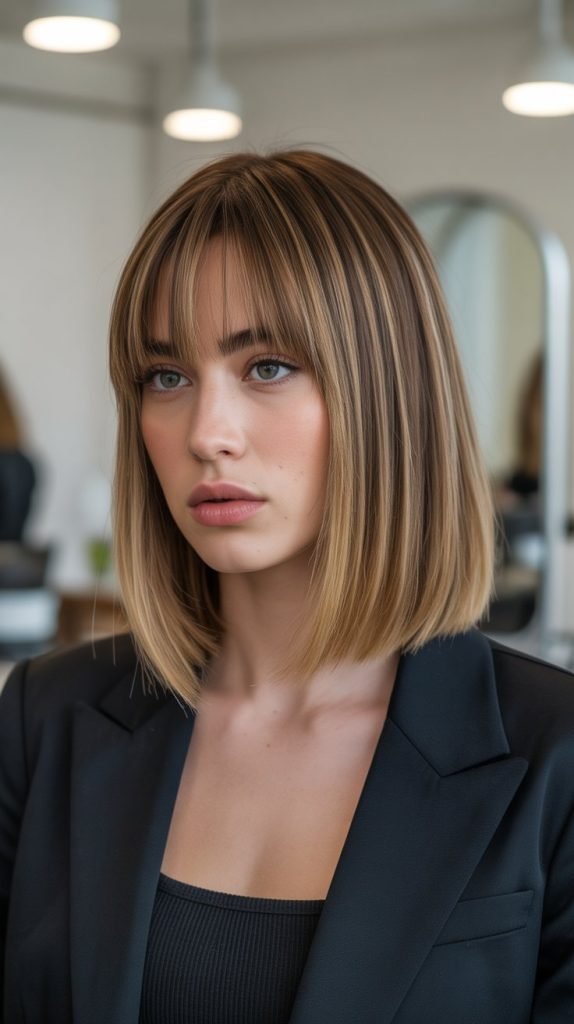 14. Long Bob with Curtain Bangs and Root Lift