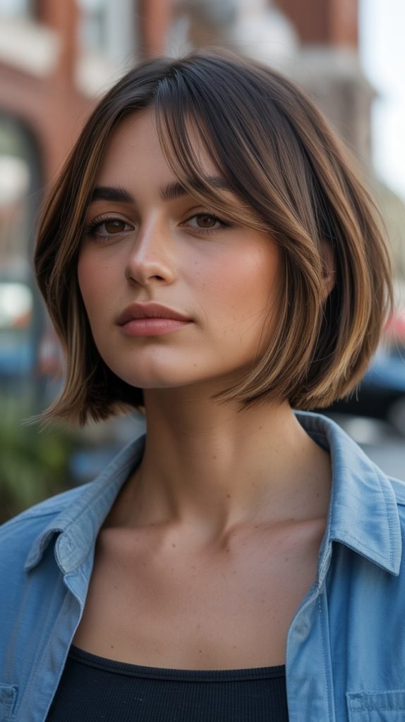 10. Long Bob with Curtain Bangs and Face-Framing Layers