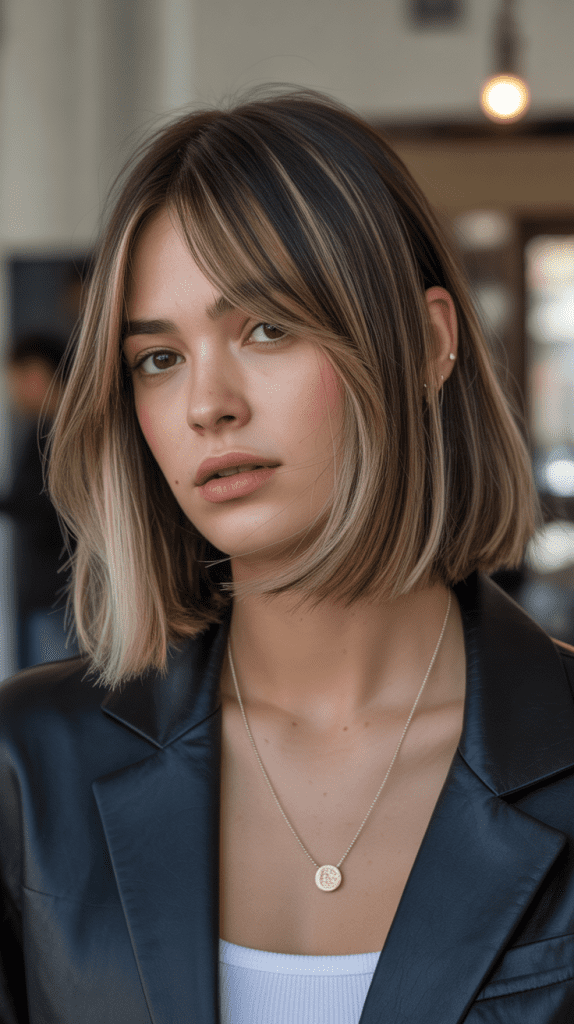 26. Long Bob with Curtain Bangs and Partial Highlights