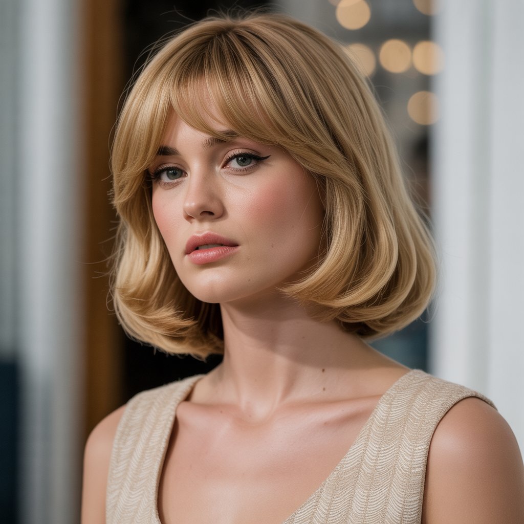 18. Long Bob with Bardot-Style Curtain Bangs