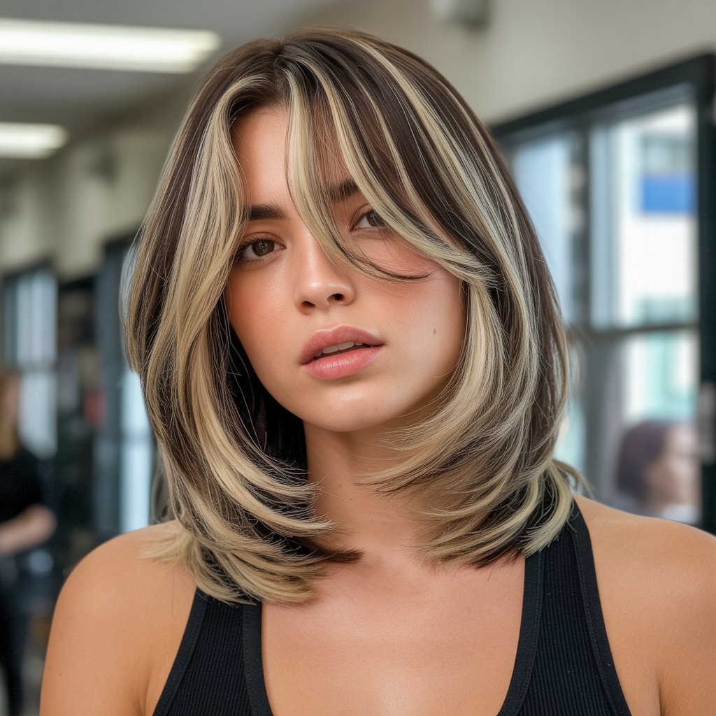 29. Long Bob with Curtain Bangs and Money Piece Highlights