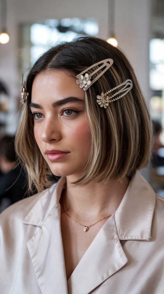 Accessorized Long Bob with Clipped Curtain Bangs