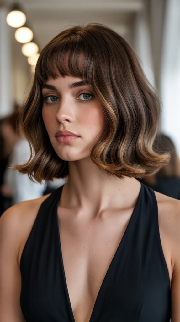21. Long Bob with Curtain Bangs and Defined Waves