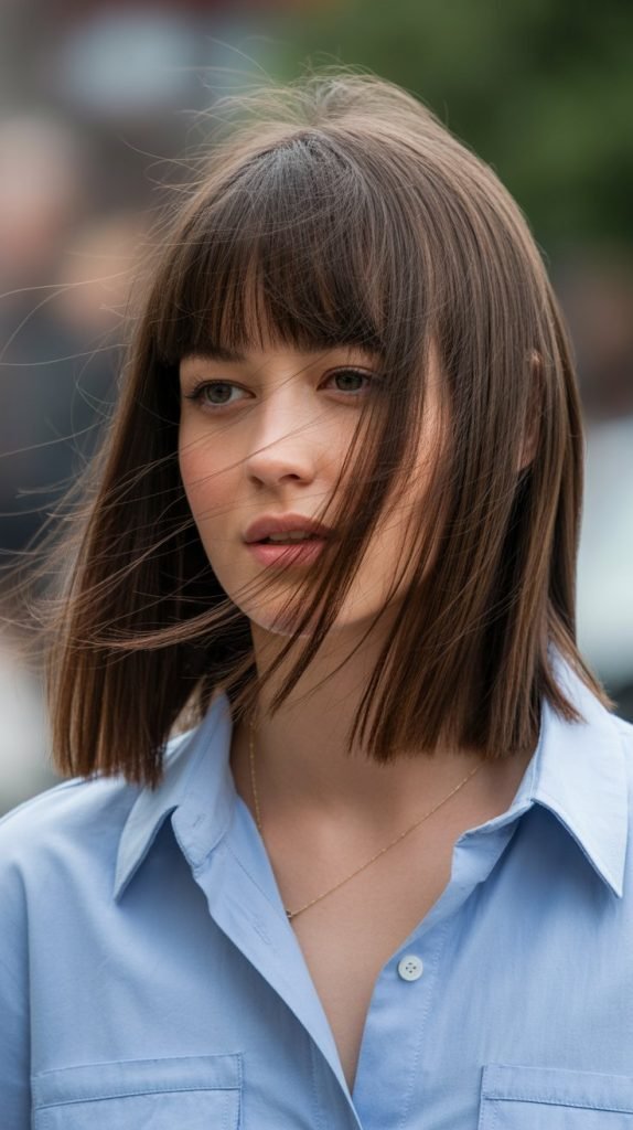 12. Long Bob with Curtain Bangs and Underlayers