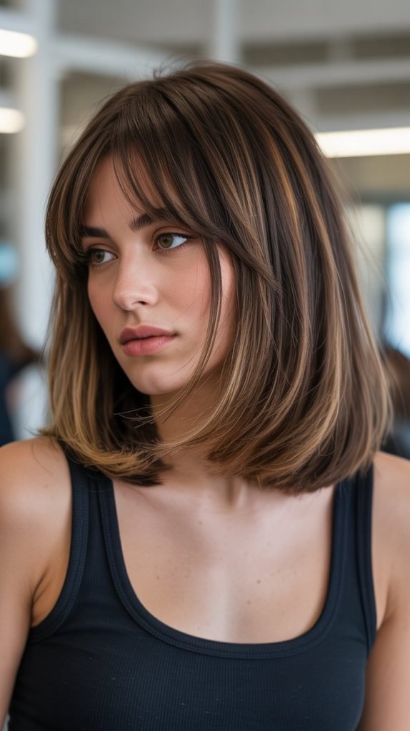 Lob with Curtain Bangs Styled with Flat Iron Waves