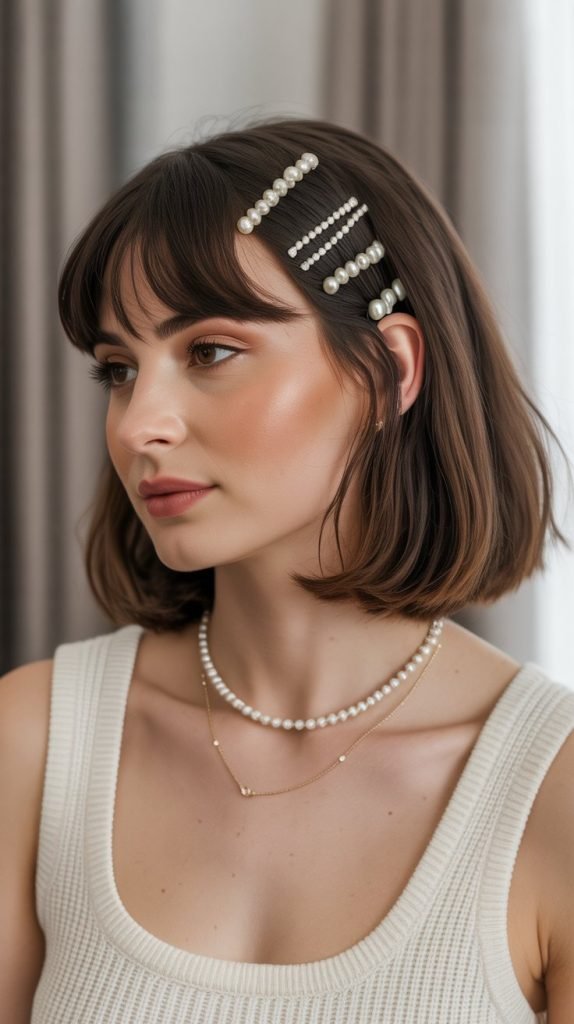 35. Long Bob with Curtain Bangs and Accessories